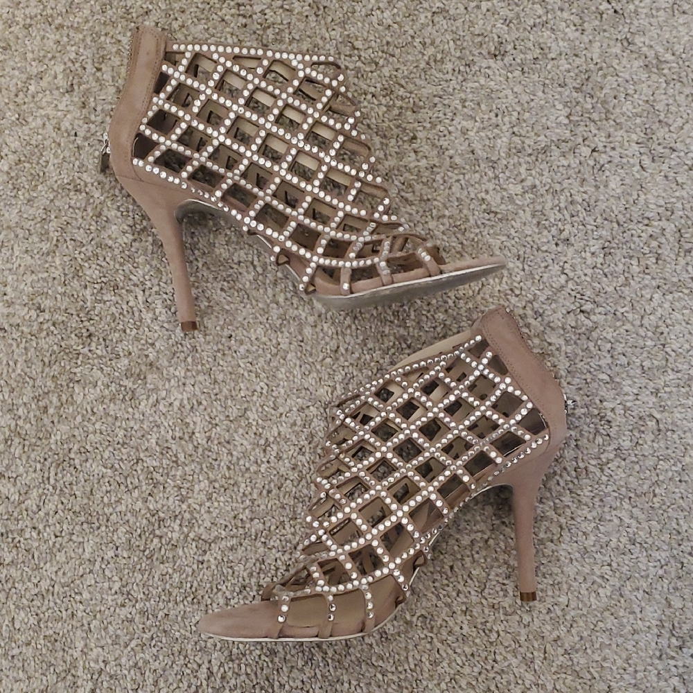 MICHAEL Michael Kors Yvonne Crystal and Suede Cage Sandal Heels